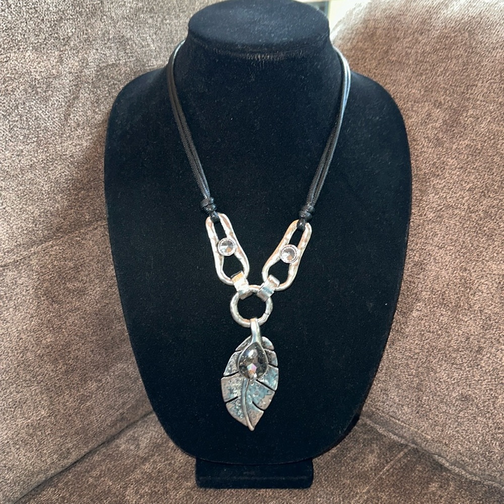 Vintage Inspired Leaf Pendant with Black Waxed Cords In Silver Tone